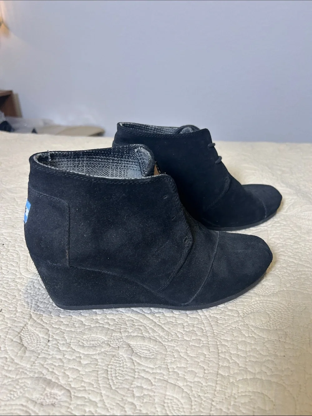 Toms Black Suede Lace-Up Ankle Booties with Tan Logo Patch
